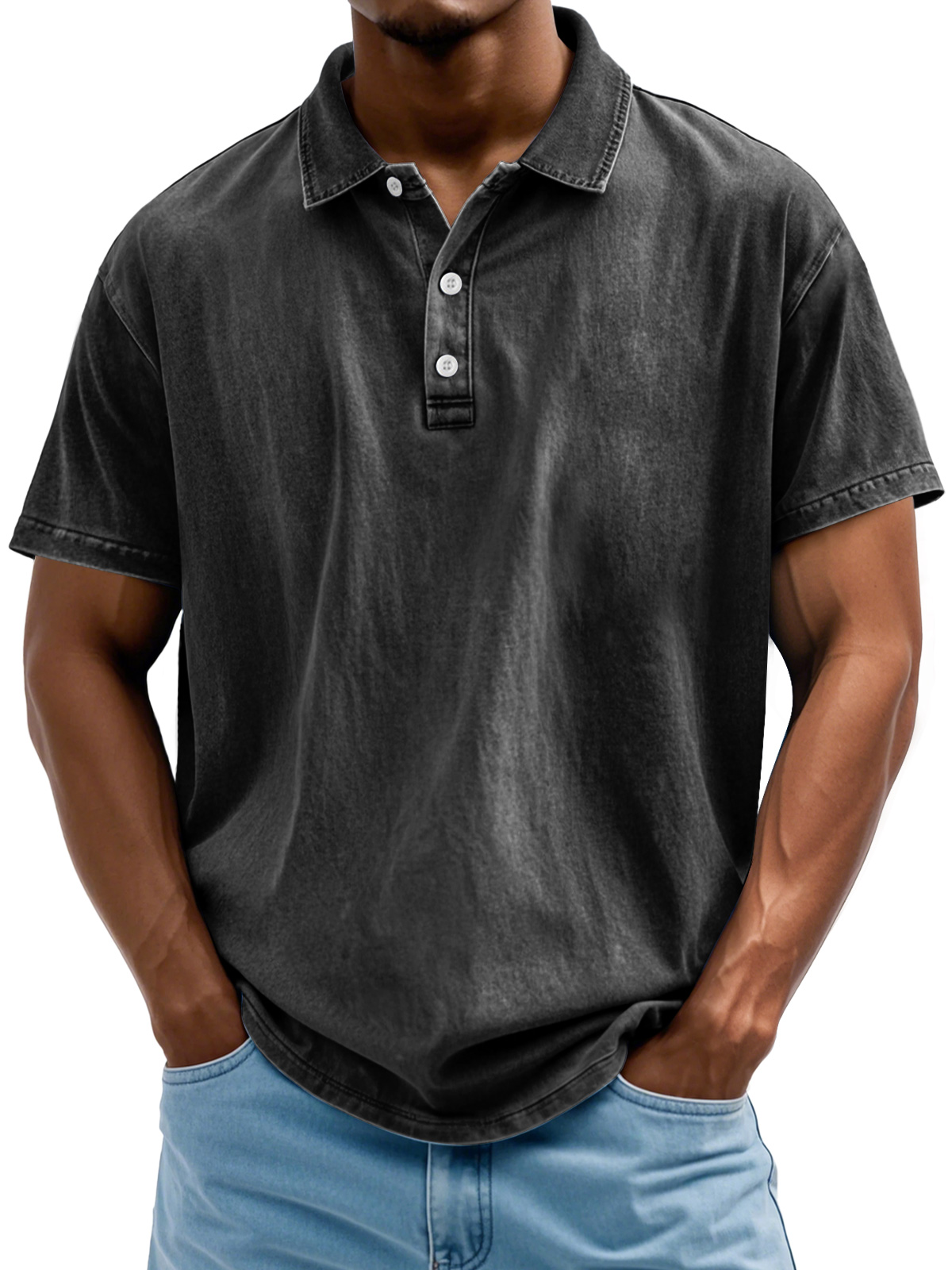 Men's Vintage Washed And Distressed Pure Cotton Lapel Short-sleeved Polo Shirt