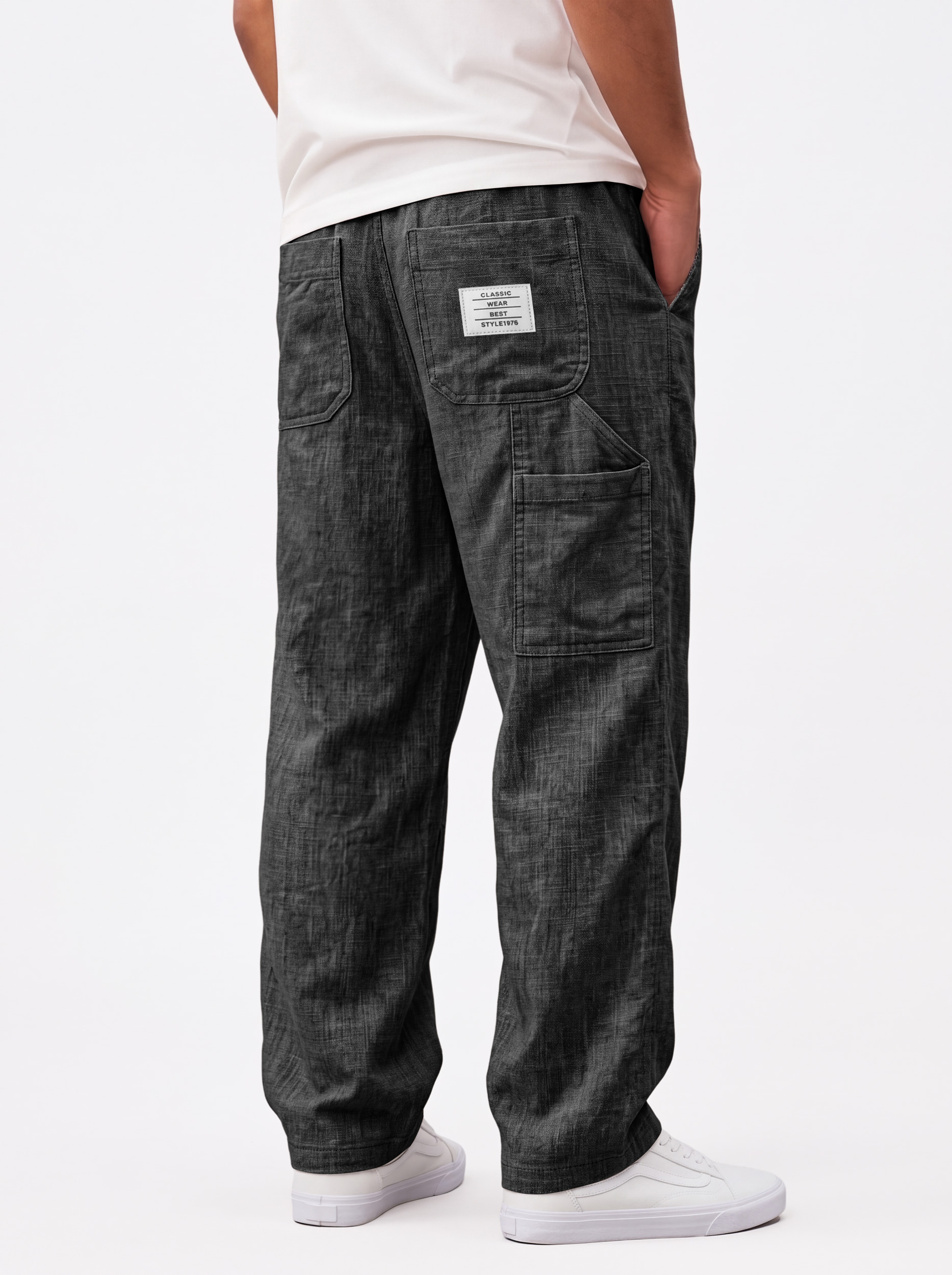 Men's Casual Linen Cargo Trousers with Embroidered Logo and Multiple Pockets
