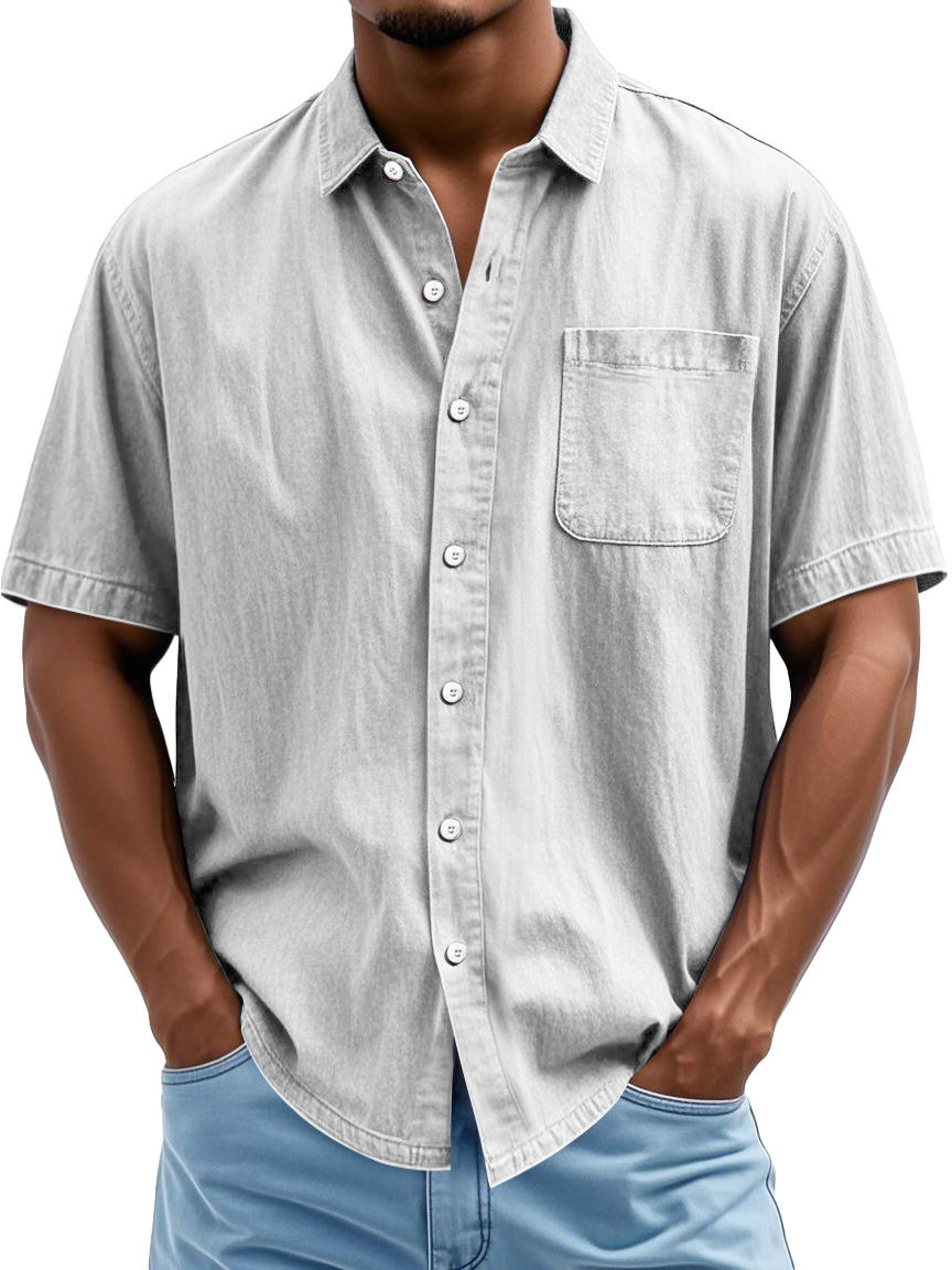 Men's Fashion Casual Lapel Pocket Solid Color Short Shirt