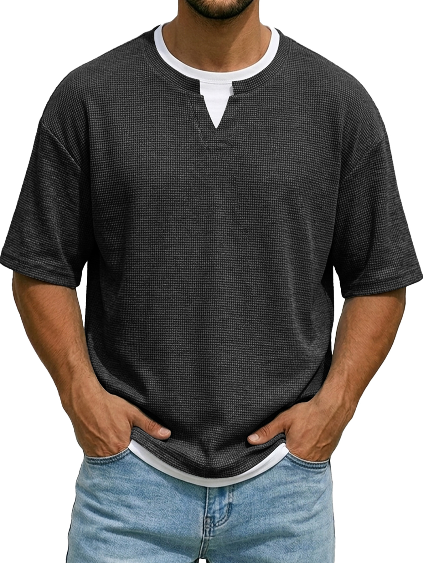 Men's Waffle-knit Faux Two-piece Casual Short-sleeved T-shirt