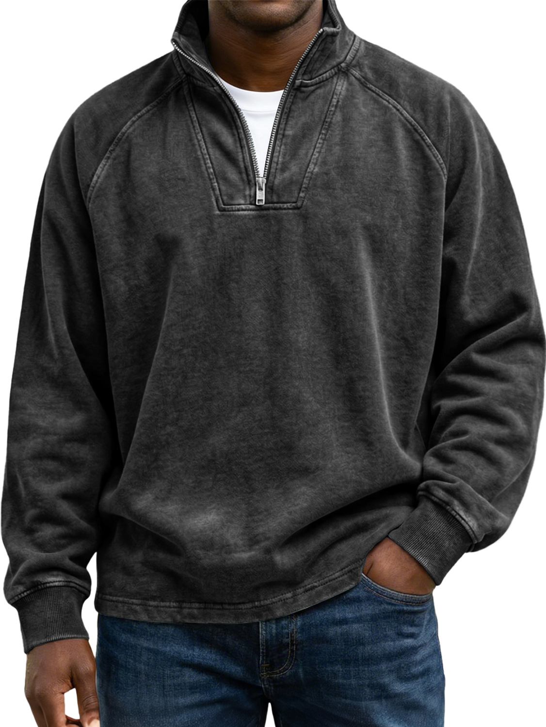 Men's Vintage Raglan Sleeve Stand-collar Zip-up Casual Long-sleeved Shirtt
