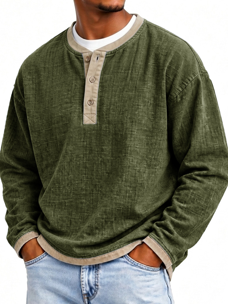 Men's Fashionable Patchwork Linen Fabric Long-sleeved Henley Shirt