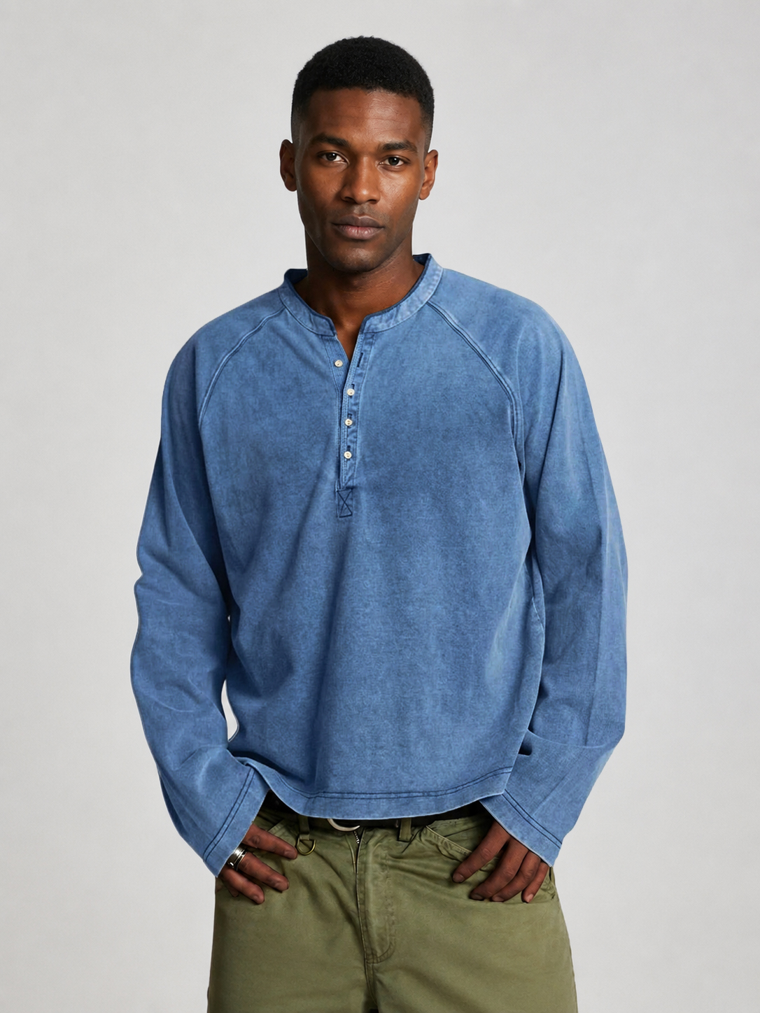 Men's Vintage Washed Cotton Henley Long-Sleeve T-Shirt