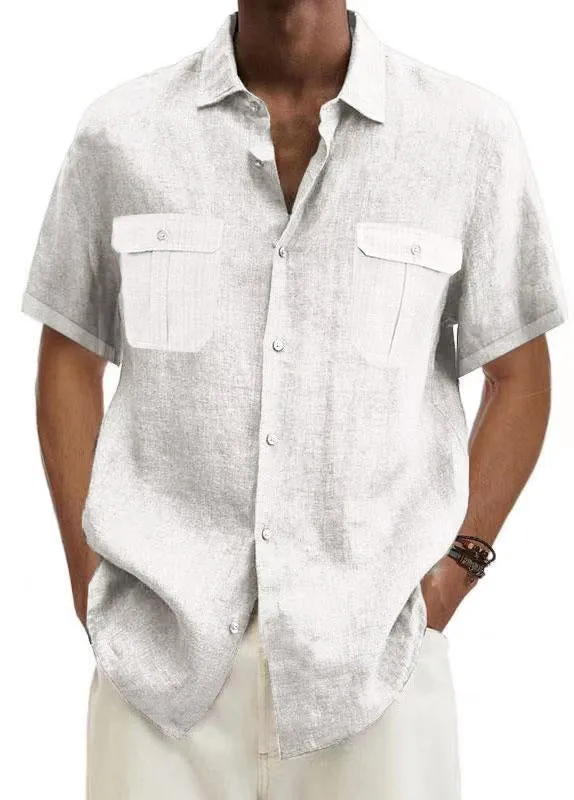 Mokaloha-Men's Solid Color Double Pocket Cotton Linen Casual Short Sleeve Shirt