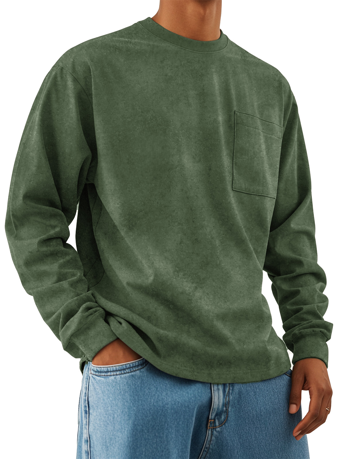 Men's Fashion Retro Casual Round Neck Pocket Long Sleeve T-shirt