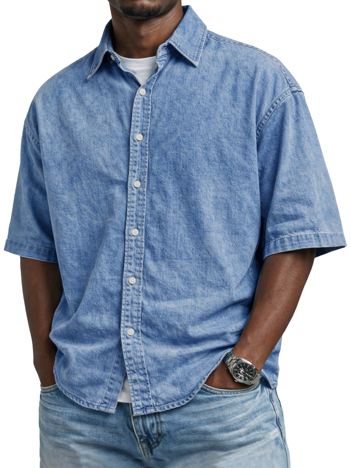 Men's Vintage Distressed Solid Color Button-down Short-sleeved Shirt