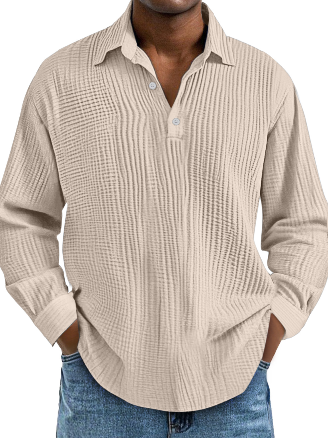 Men's Casual Daily Solid Color Pleated Texture Long-sleeved Lapel Polo Shirt