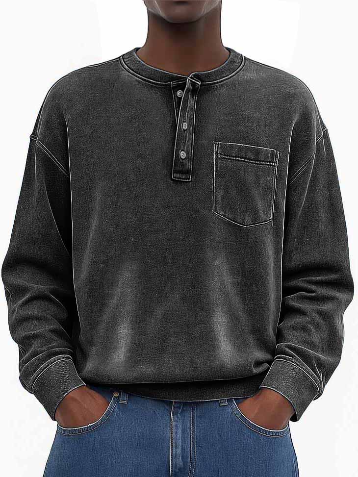 Men's Stylish Vintage Washed And Distressed Fabric Loose-fitting Long-sleeved Henley Shirt With Pockets