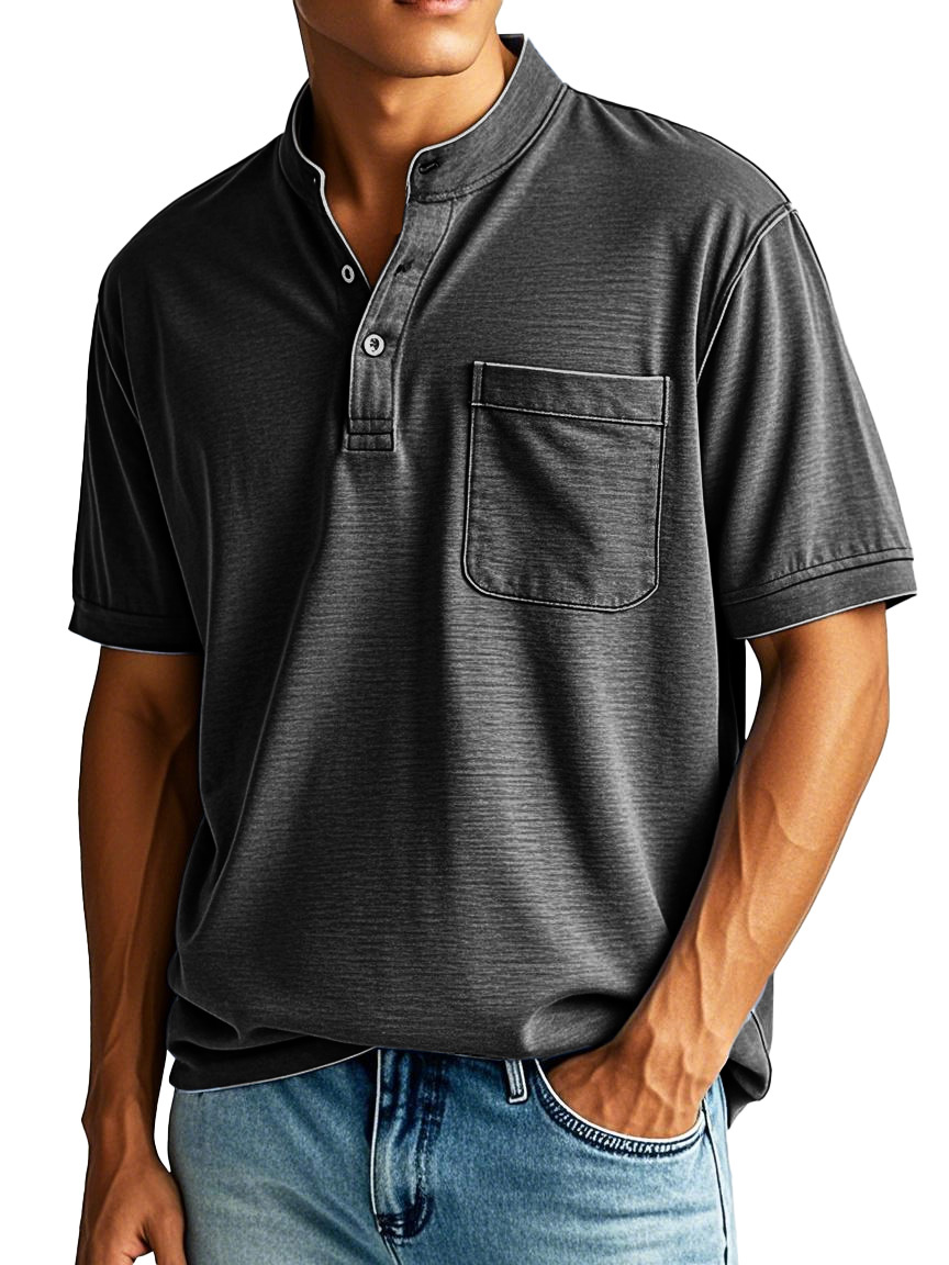 Men's Fashion Casual Stand-up Collar Pocket Short-sleeved Henley Shirt 