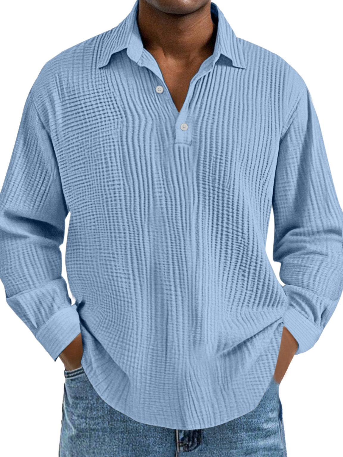 Men's Casual Daily Solid Color Pleated Texture Long-sleeved Lapel Polo Shirt