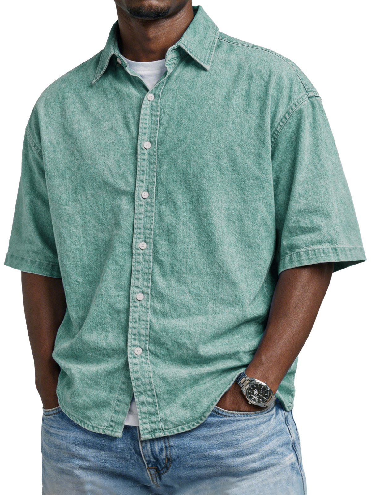 Men's Vintage Distressed Solid Color Button-down Short-sleeved Shirt