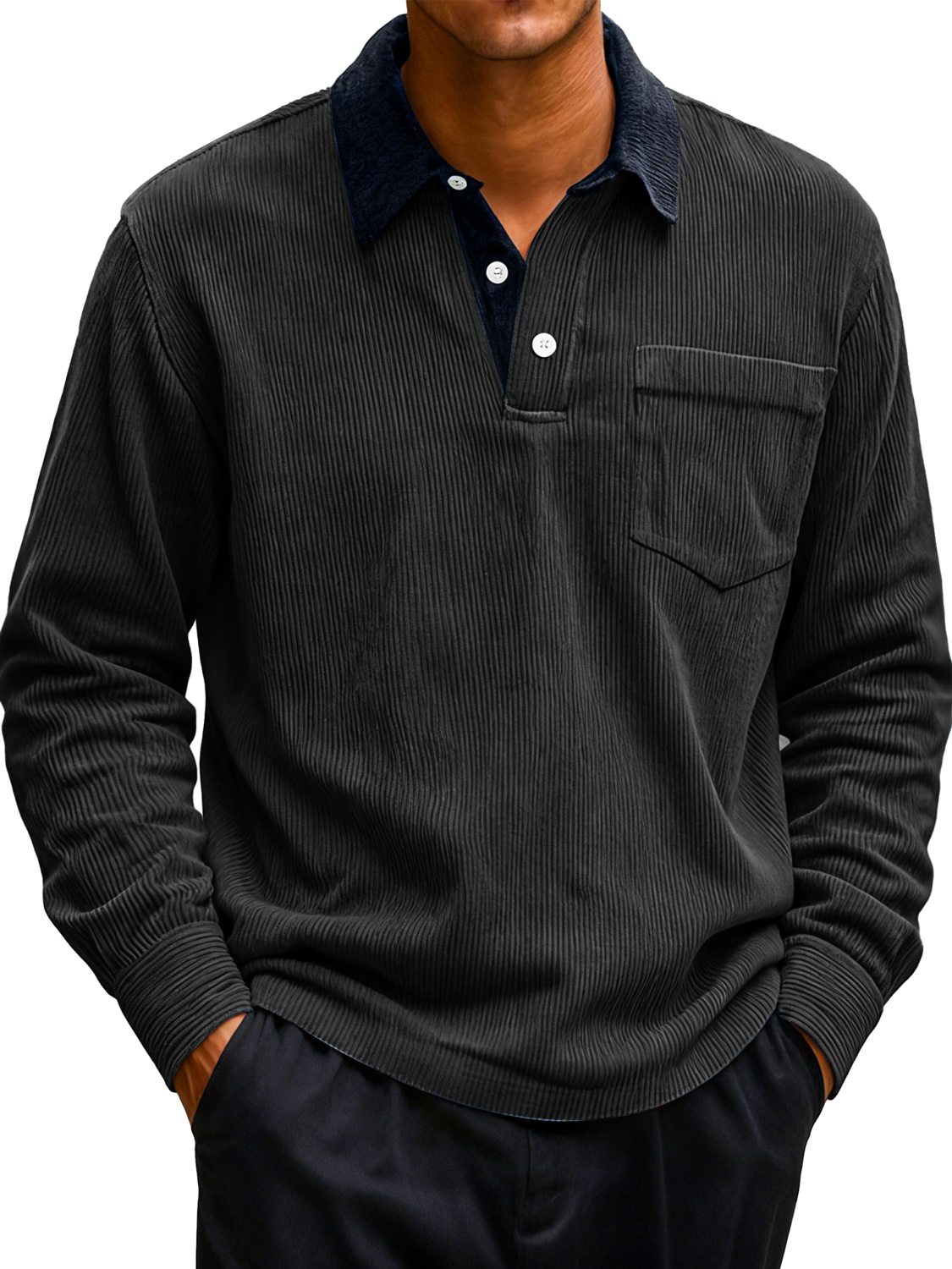 Men's Corduroy Lapel Stitching Casual Long-sleeved Polo Shirt