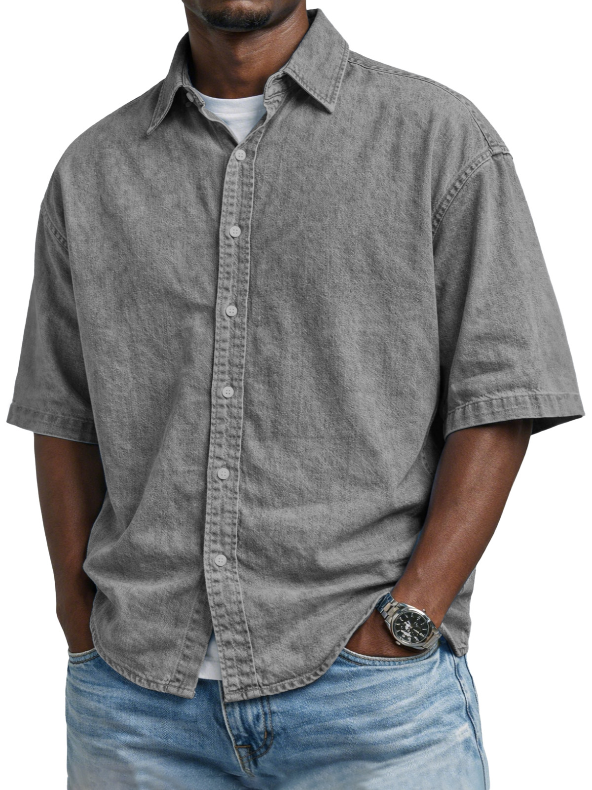 Men's Vintage Distressed Solid Color Button-down Short-sleeved Shirt