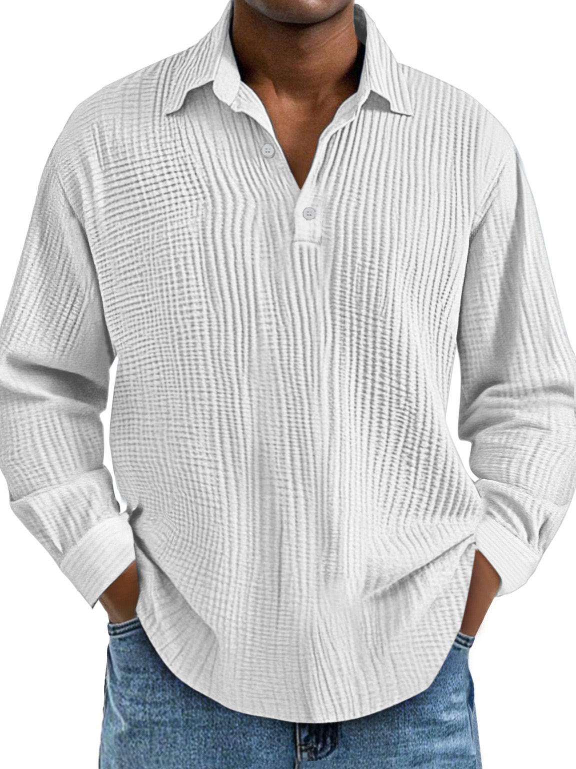 Men's Casual Daily Solid Color Pleated Texture Long-sleeved Lapel Polo Shirt