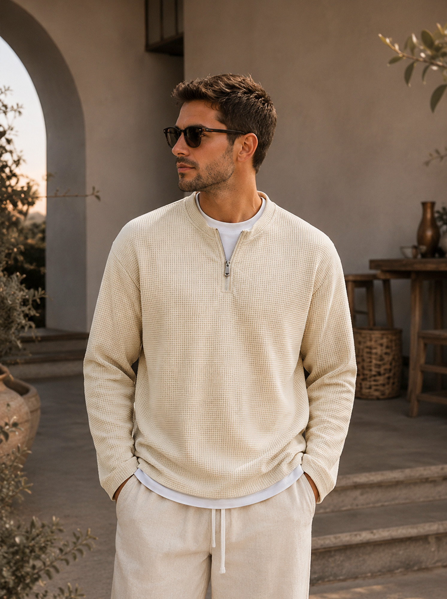 Men's Waffle-Knit Long-Sleeve Casual T-Shirt with Faux-Layered Design, Crew Neck, and Zipper Detail