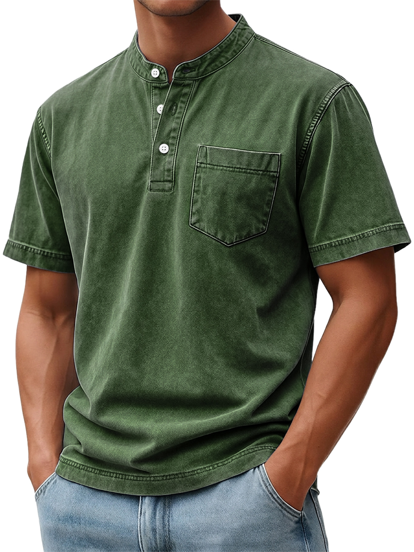 Men's Retro Casual Stand Collar Button-Down Short Sleeve Henley Shirt