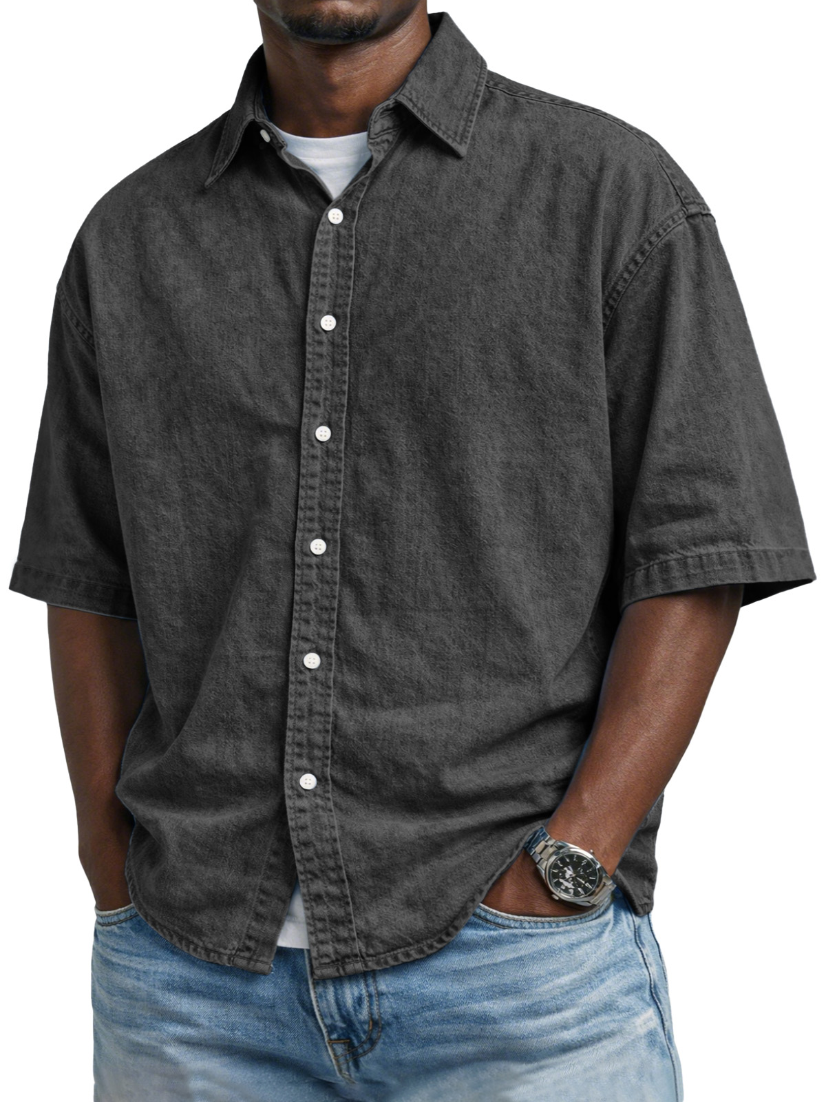 Men's Vintage Distressed Solid Color Button-down Short-sleeved Shirt
