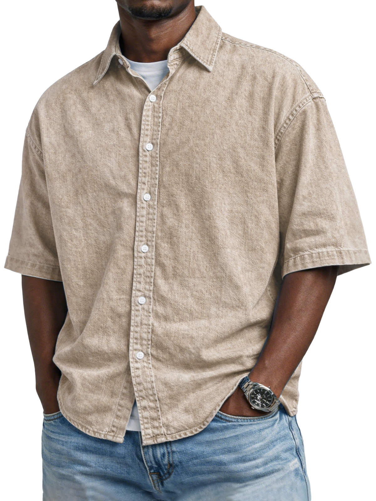 Men's Vintage Distressed Solid Color Button-down Short-sleeved Shirt