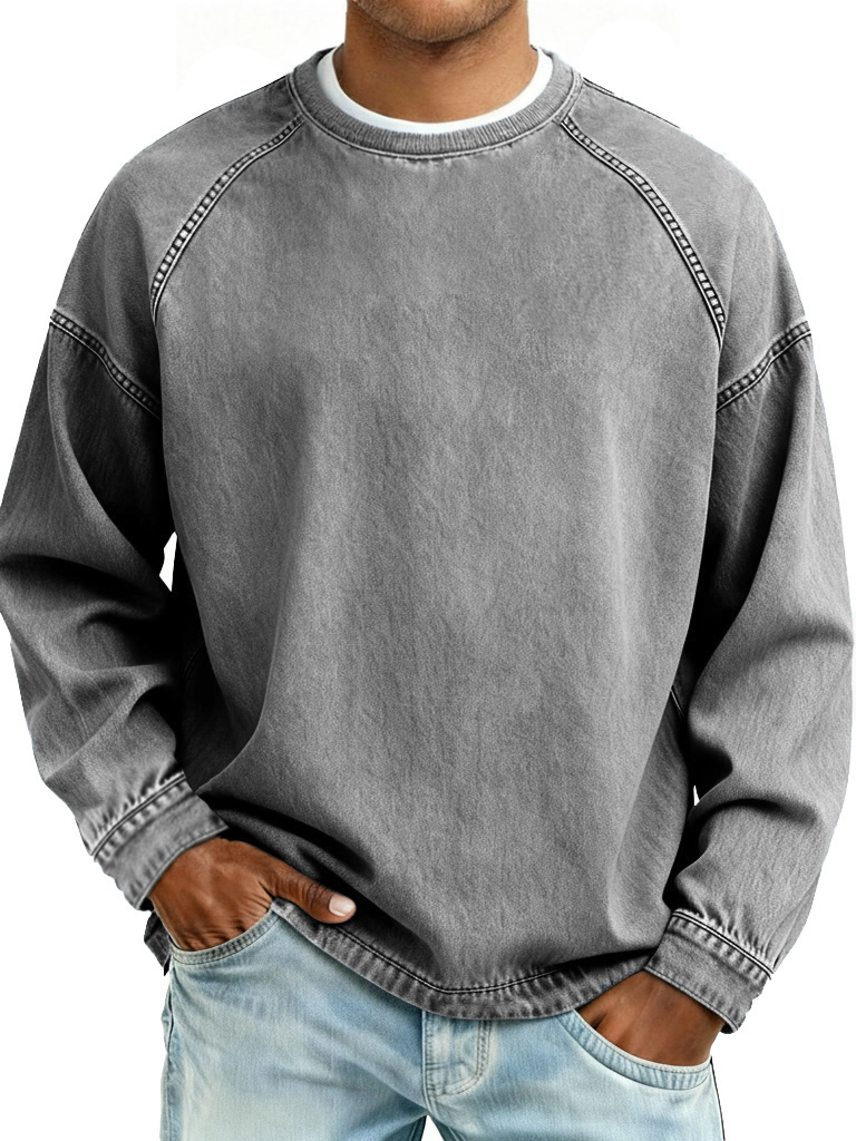 Men's Retro Fashion Distressed Crew Neck Long-Sleeve Loose Sweatshirt