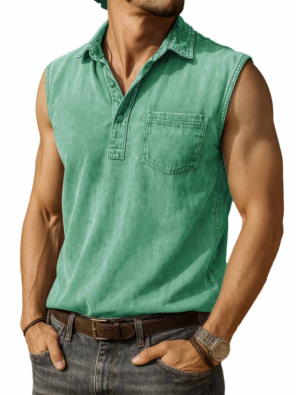 Men's Fashion Retro Distressed Pocket Lapel Sleeveless Polo Shirt 
