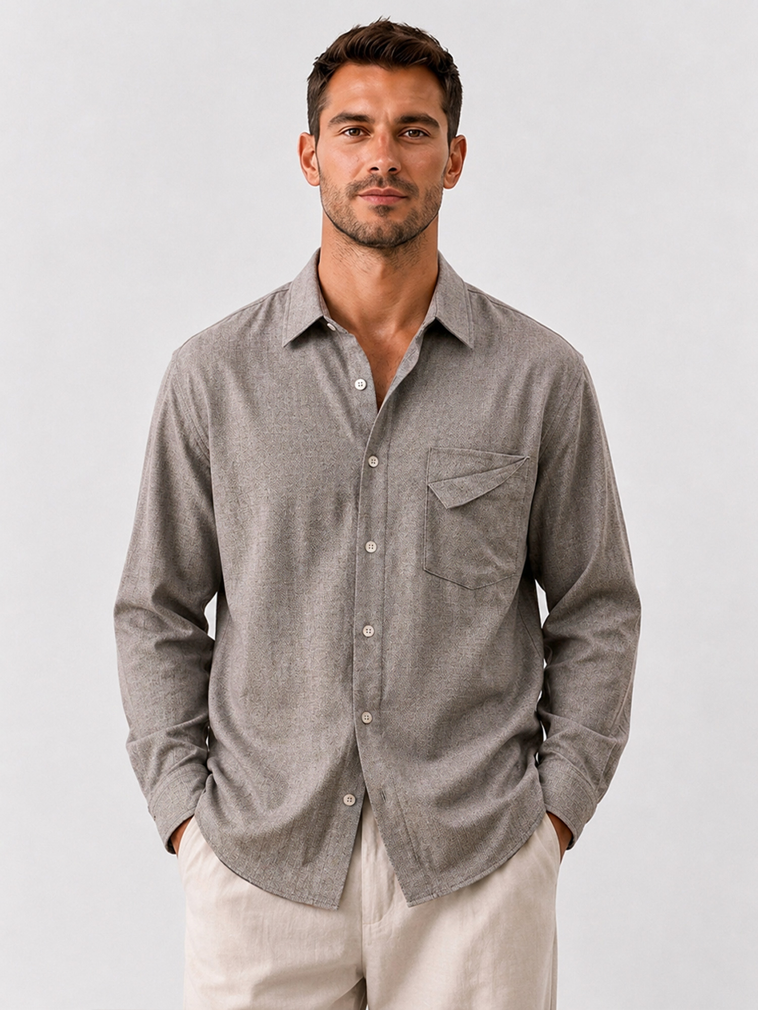 Men's Comfortable Long-Sleeve Cotton-Linen Shirt with Pocket Design