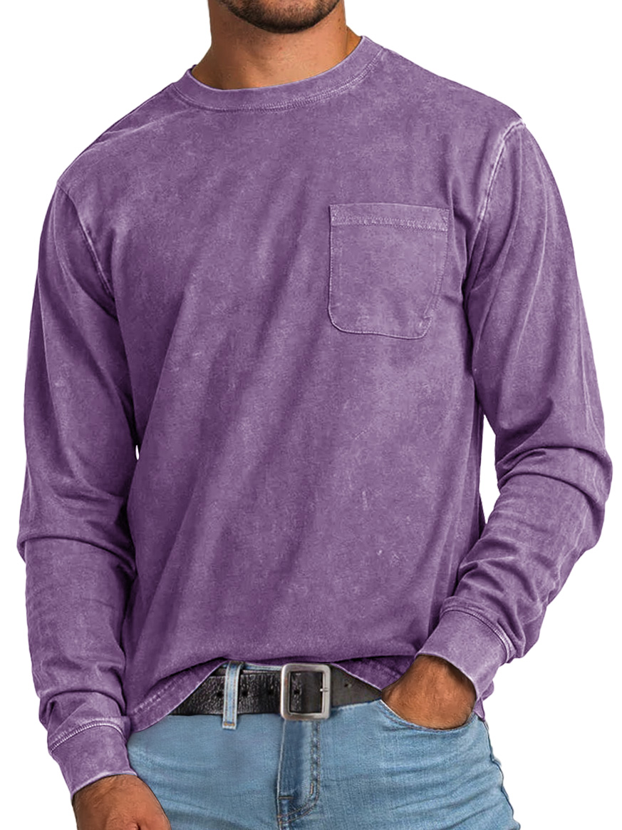 Men's Retro Casual Round Neck Pocket Solid Color Long Sleeve T-Shirt