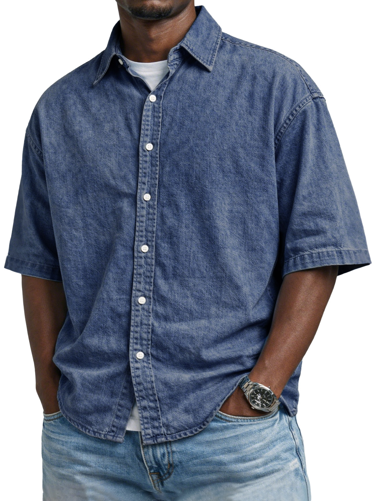 Men's Vintage Distressed Solid Color Button-down Short-sleeved Shirt