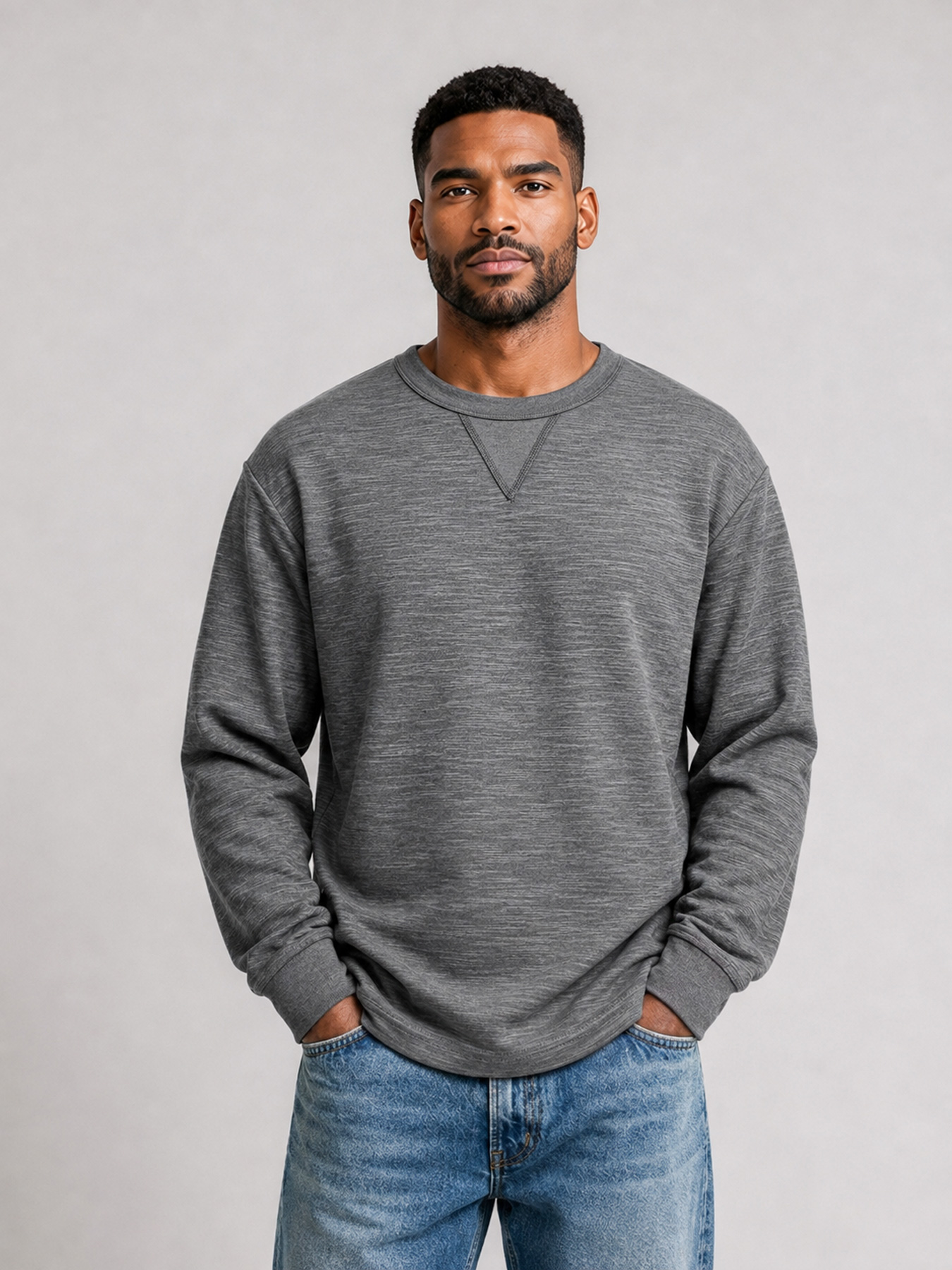 Men's Textured Long-Sleeve Crew-Neck T-Shirt with Inverted-Triangle Design