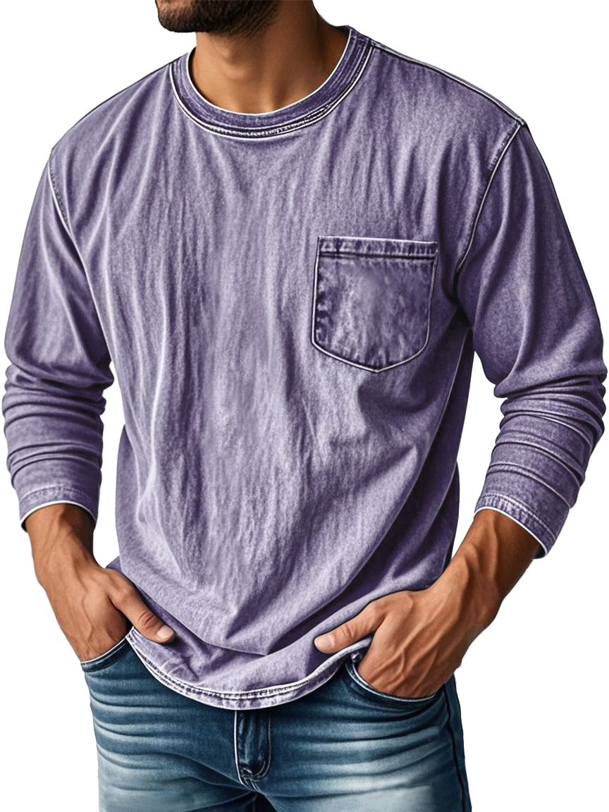 Men's Vintage Distressed Round Neck Pocket Casual Long-sleeved T-shirt