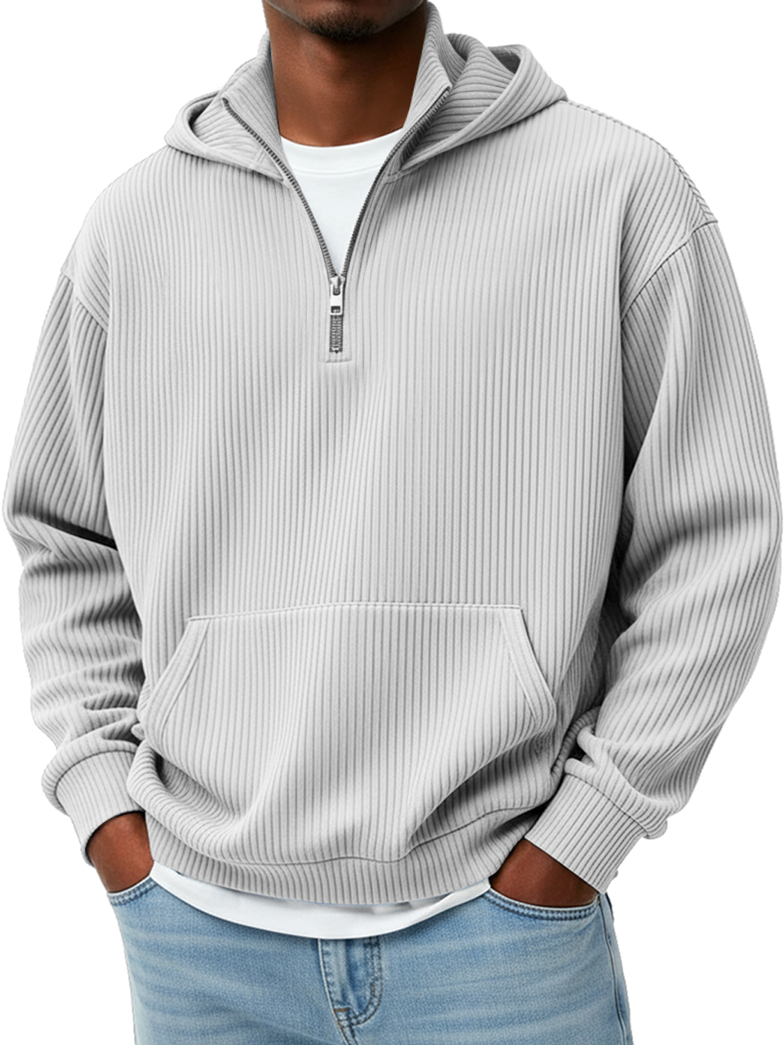 Men's Pit Stripe Stand Collar Zipper Casual Loose Hooded Sweatshirt