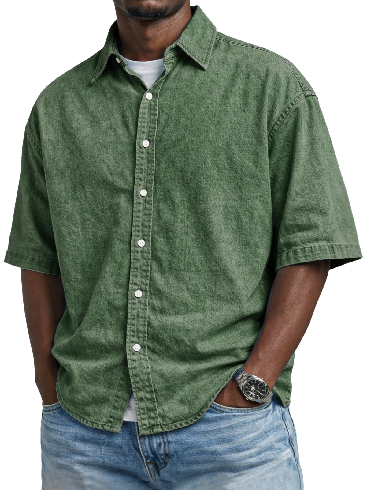 Men's Vintage Distressed Solid Color Button-down Short-sleeved Shirt