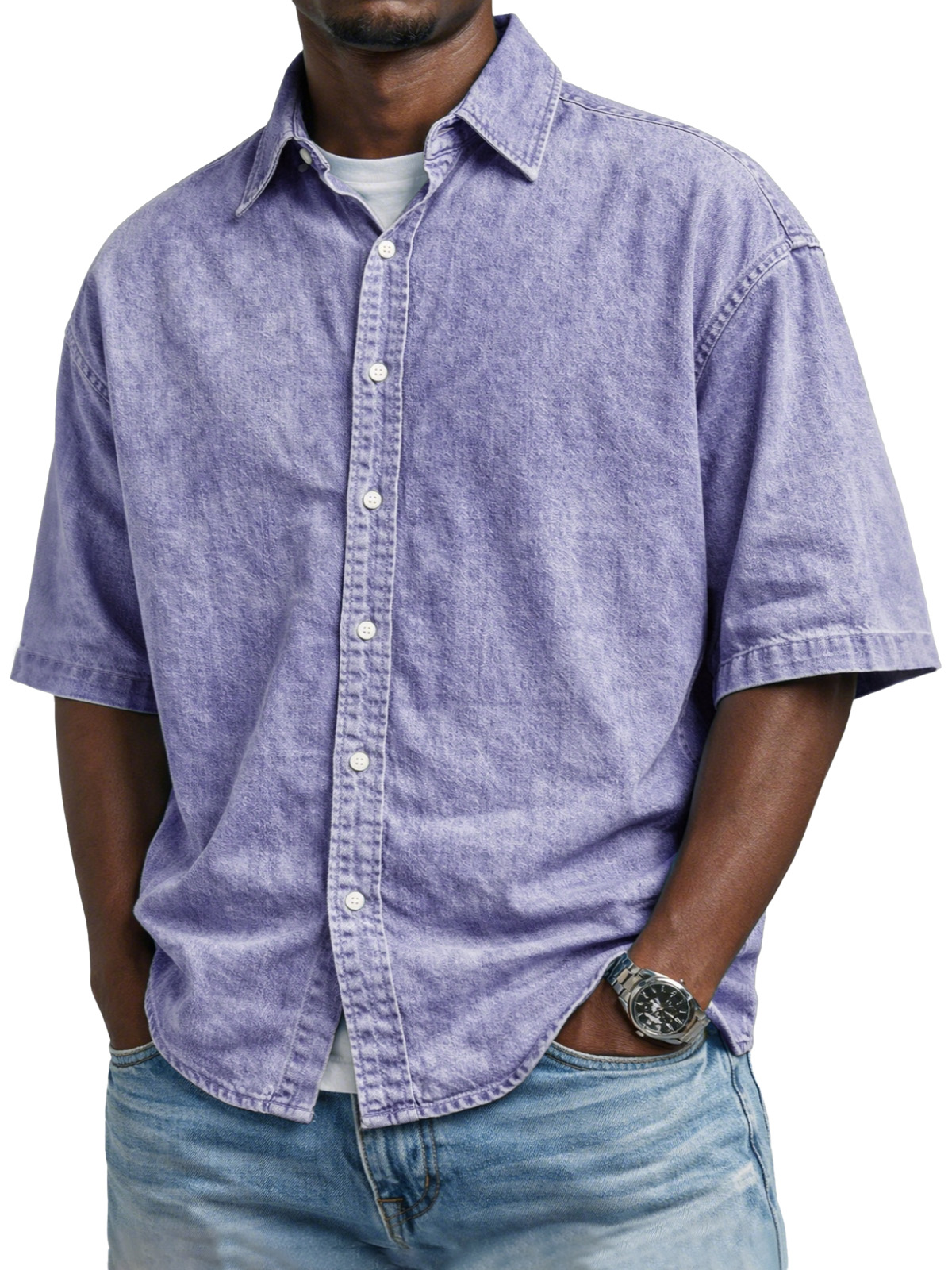 Men's Vintage Distressed Solid Color Button-down Short-sleeved Shirt