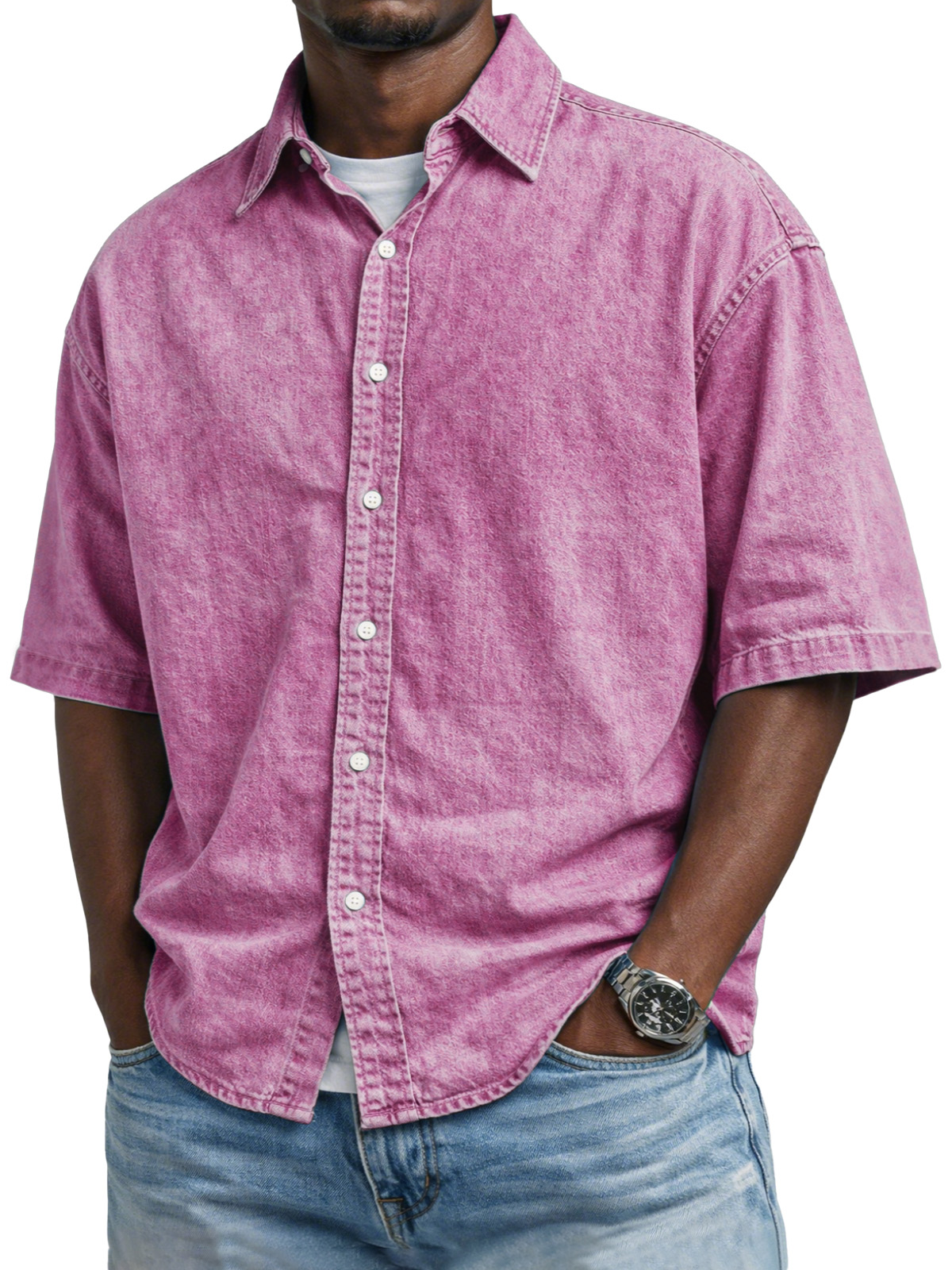 Men's Vintage Distressed Solid Color Button-down Short-sleeved Shirt