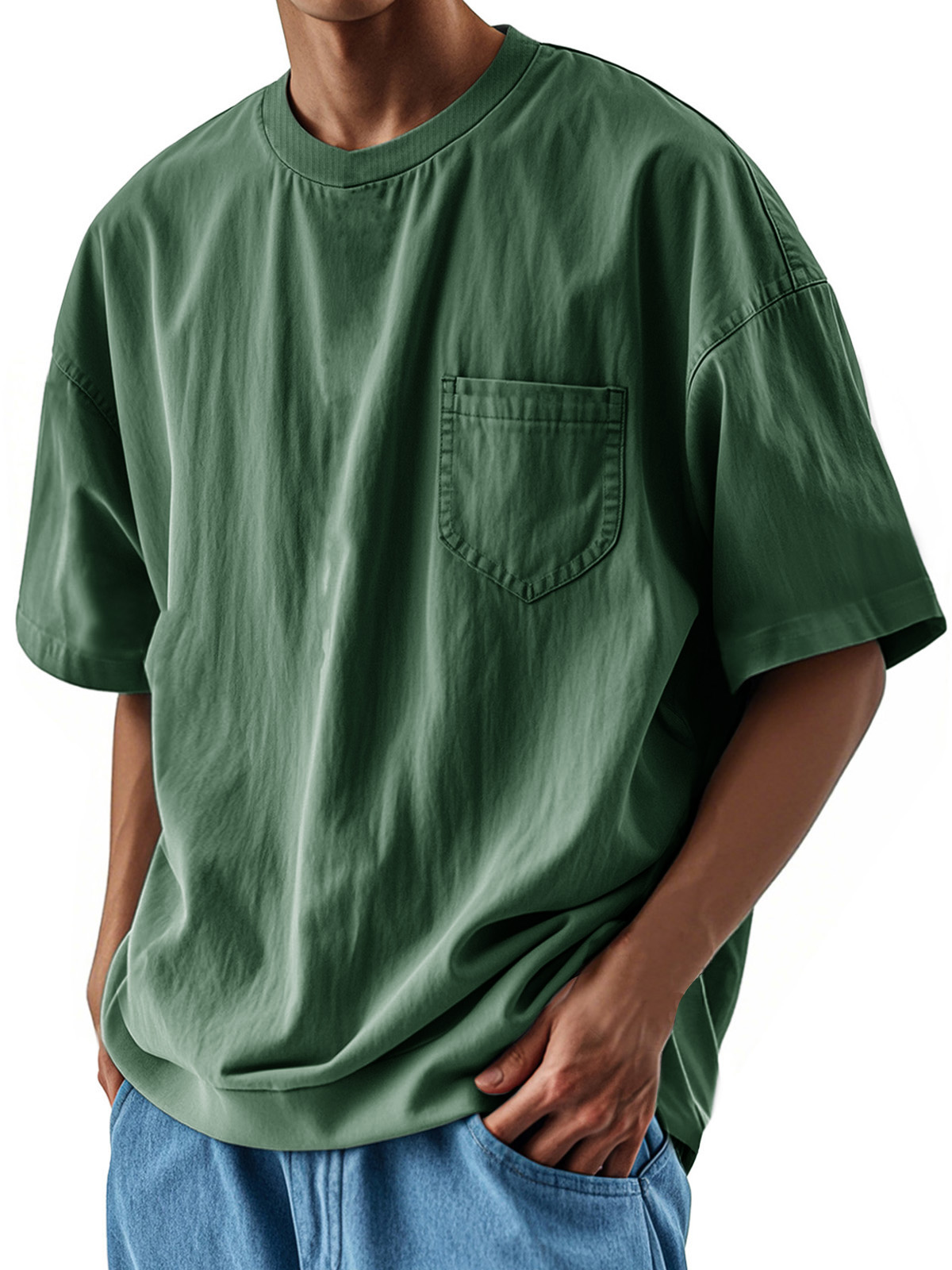 Men's Fashion Casual Retro Shirt Round Neck Pocket Short Sleeve T