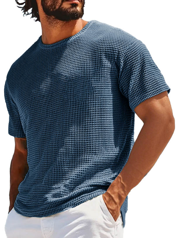 Men's Retro Fashion Round Neck Waffle Texture Fabric Short-sleeved T-shirt