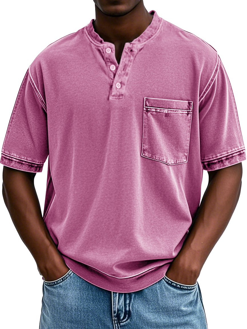 Men's Fashion Retro Round Neck Pocket Short Sleeve Henley Shirt