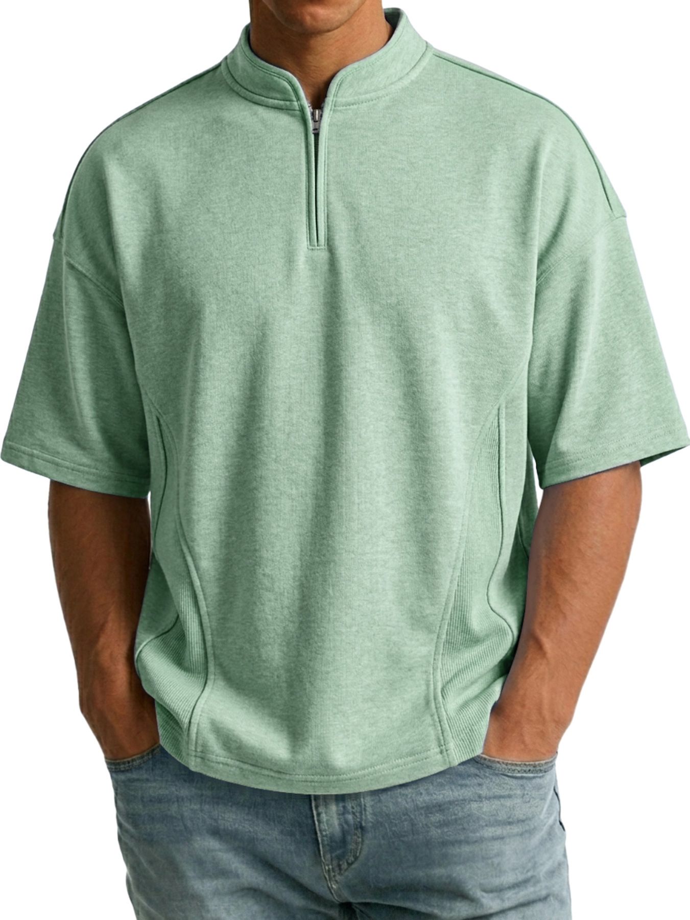 Men's Simple Zipper Patchwork Deconstructed Design Casual Short-Sleeve T-Shirt