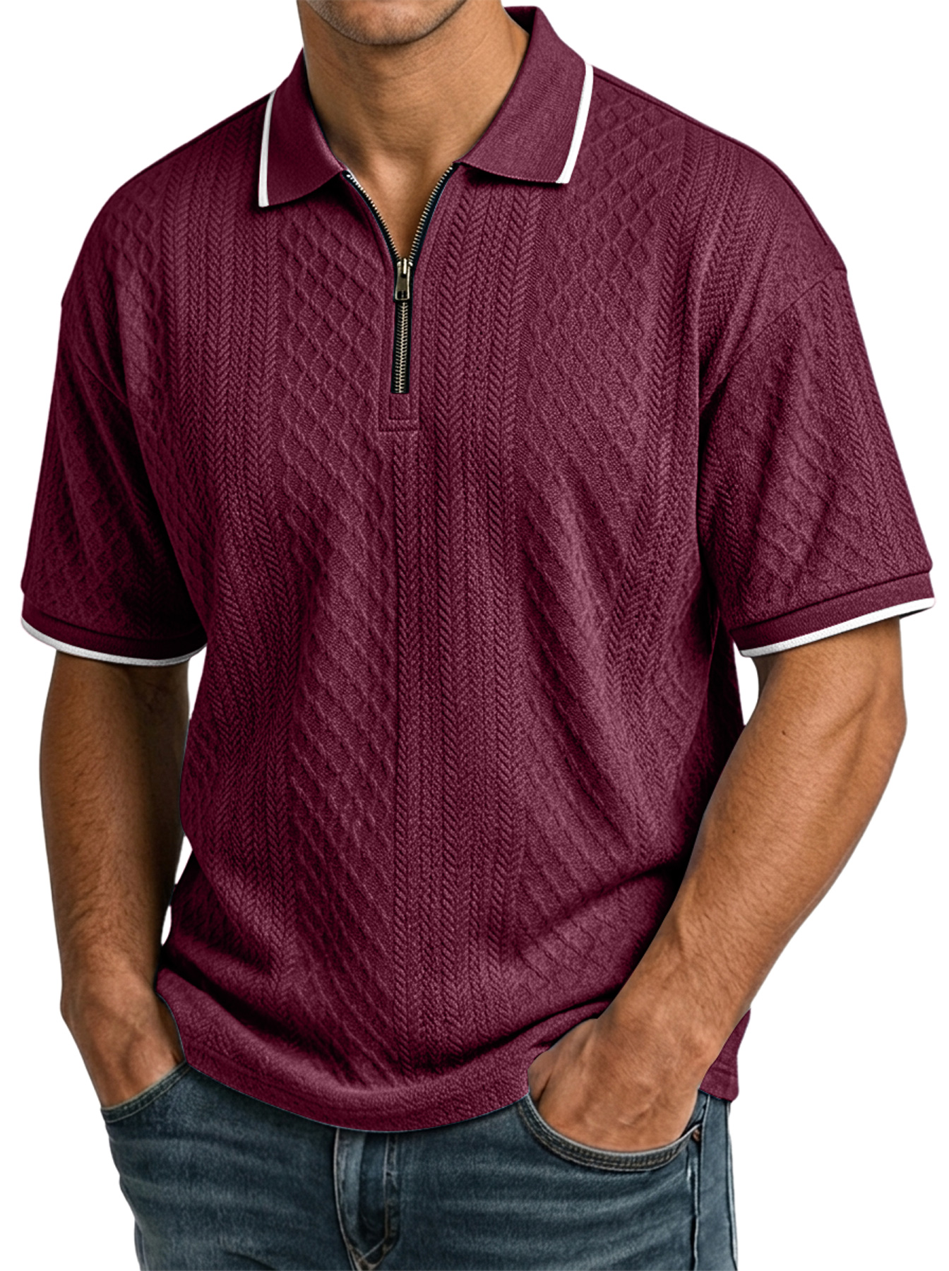 Men's Casual Jacquard Textured Collar Zipper Short-Sleeve Polo Shirt