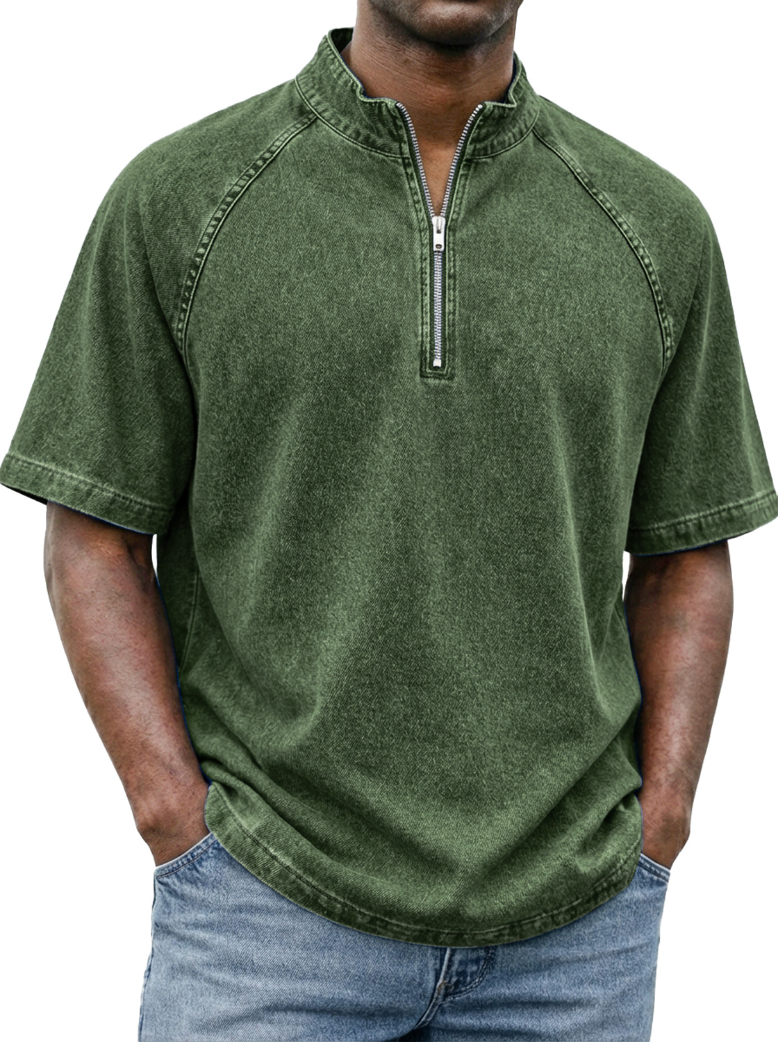 Men's Retro Raglan Sleeve Stand-collar Zip-up Casual Short-sleeved T-shirt