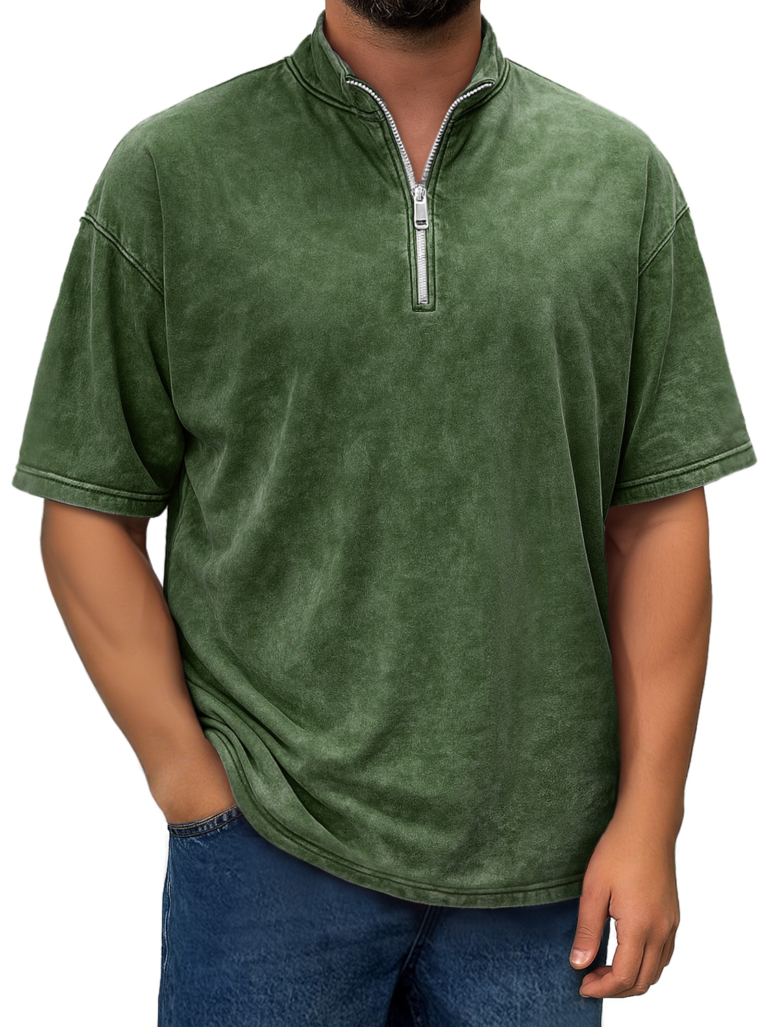 Men's Retro Stand Collar Zipper Casual Short Sleeve T-shirt