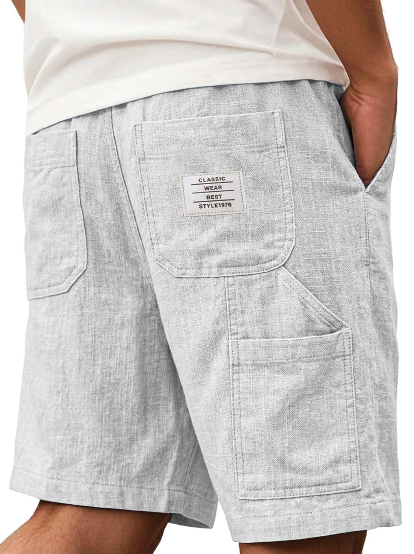 Men's Comfortable Cotton Linen Multi-Pocket Embroidered Logo Casual Cargo Shorts