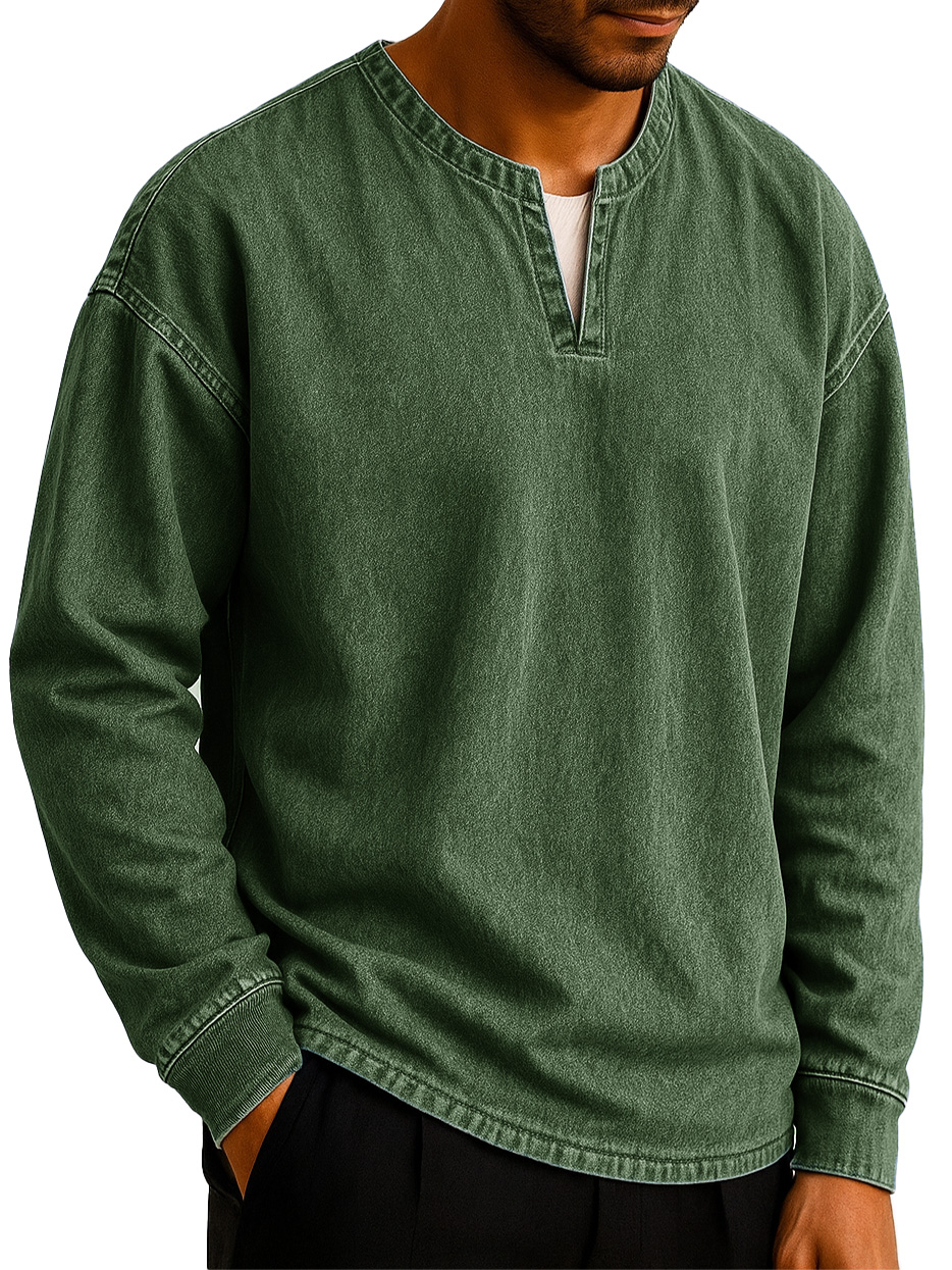  Men's Stylish Casual Outdoor V-neck Distressed Loose-fitting Long-sleeved T-shirt 
