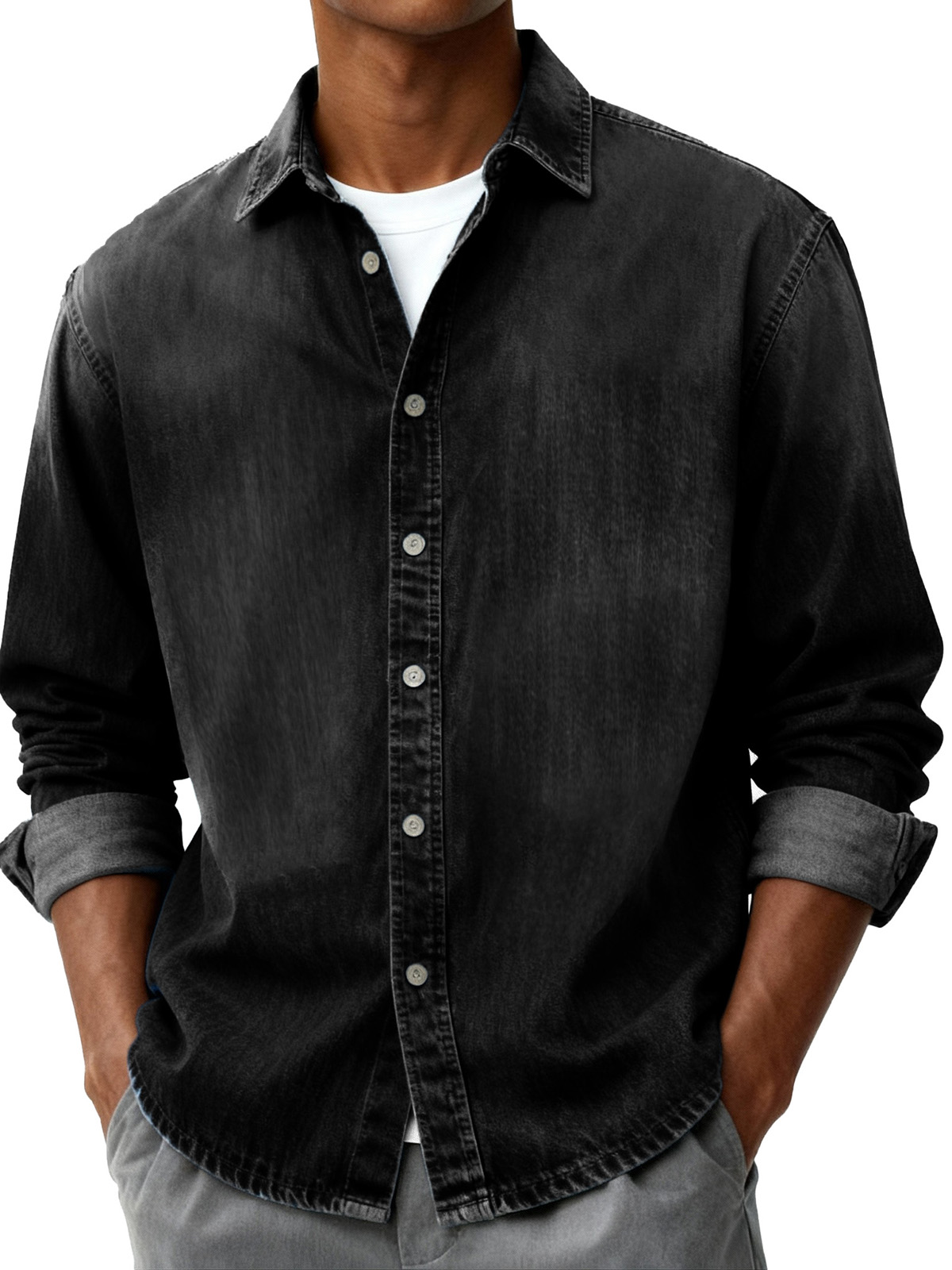 Men's Fashion Retro Distressed Pocket Collar Long-Sleeve Shirt