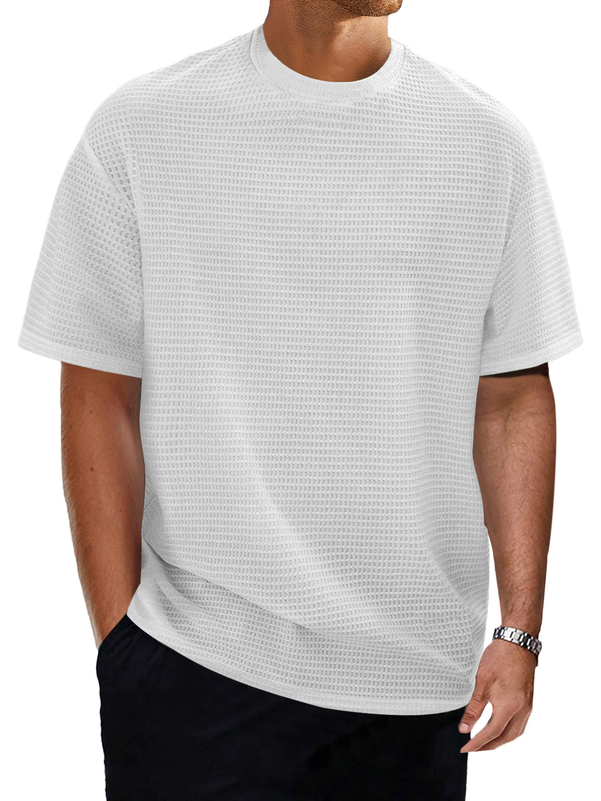 Men's casual round neck waffle texture solid color short-sleeved T-shirt