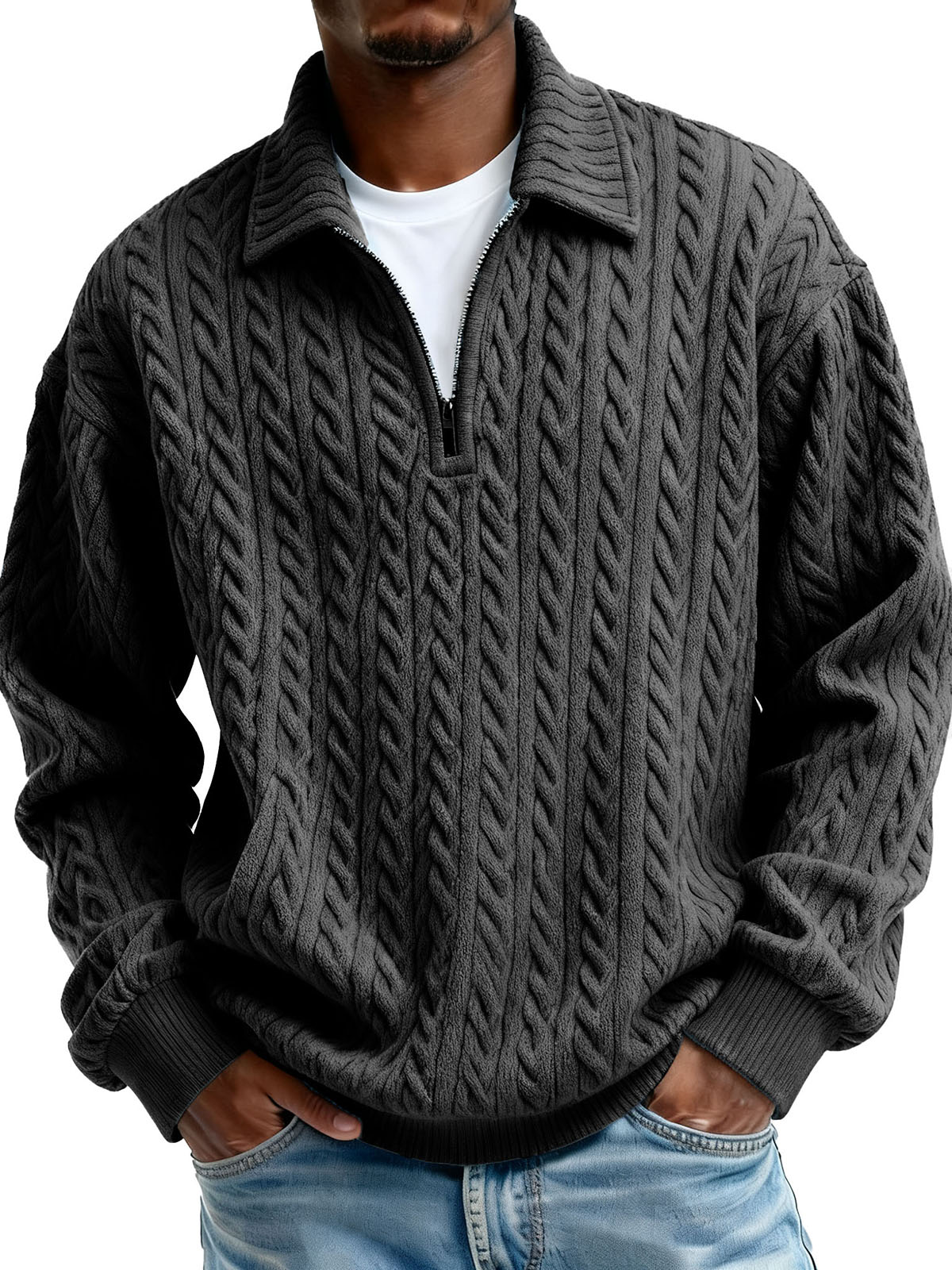 Men's Clothing Fashionable Casual Twist Texture Fabric Lapel Zipper Long-sleeved Hoodie 