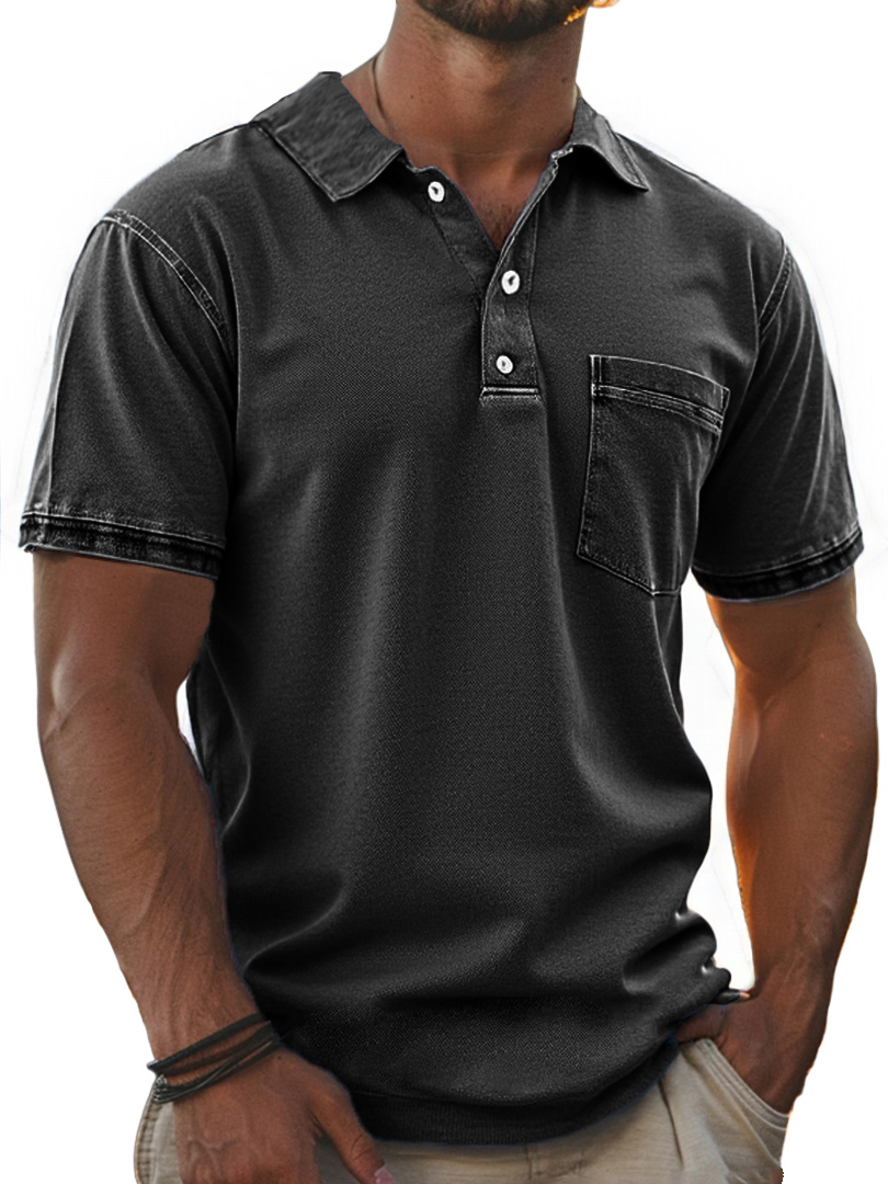 Men's Stylish Retro Pure Cotton Distressed Fabric Pocket Lapel Polo Shirt 