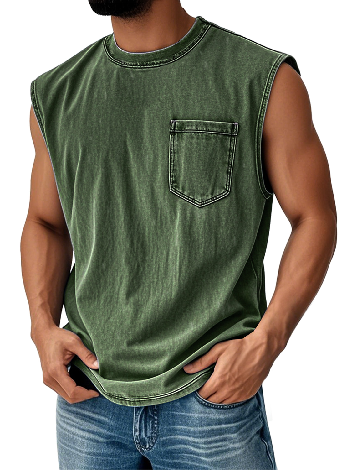 Men's Vintage Distressed Casual Round Neck Pocket Solid Color Sleeveless Vest