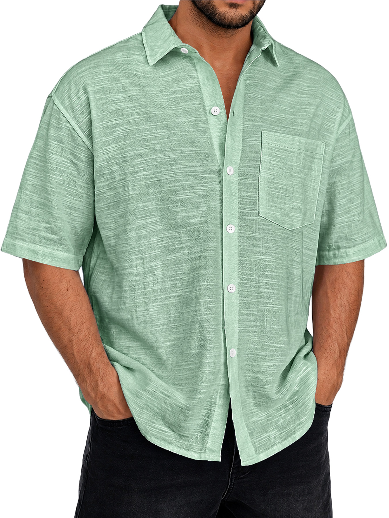 Men's Textured Casual Short-Sleeve Shirt with Collar and Pocket