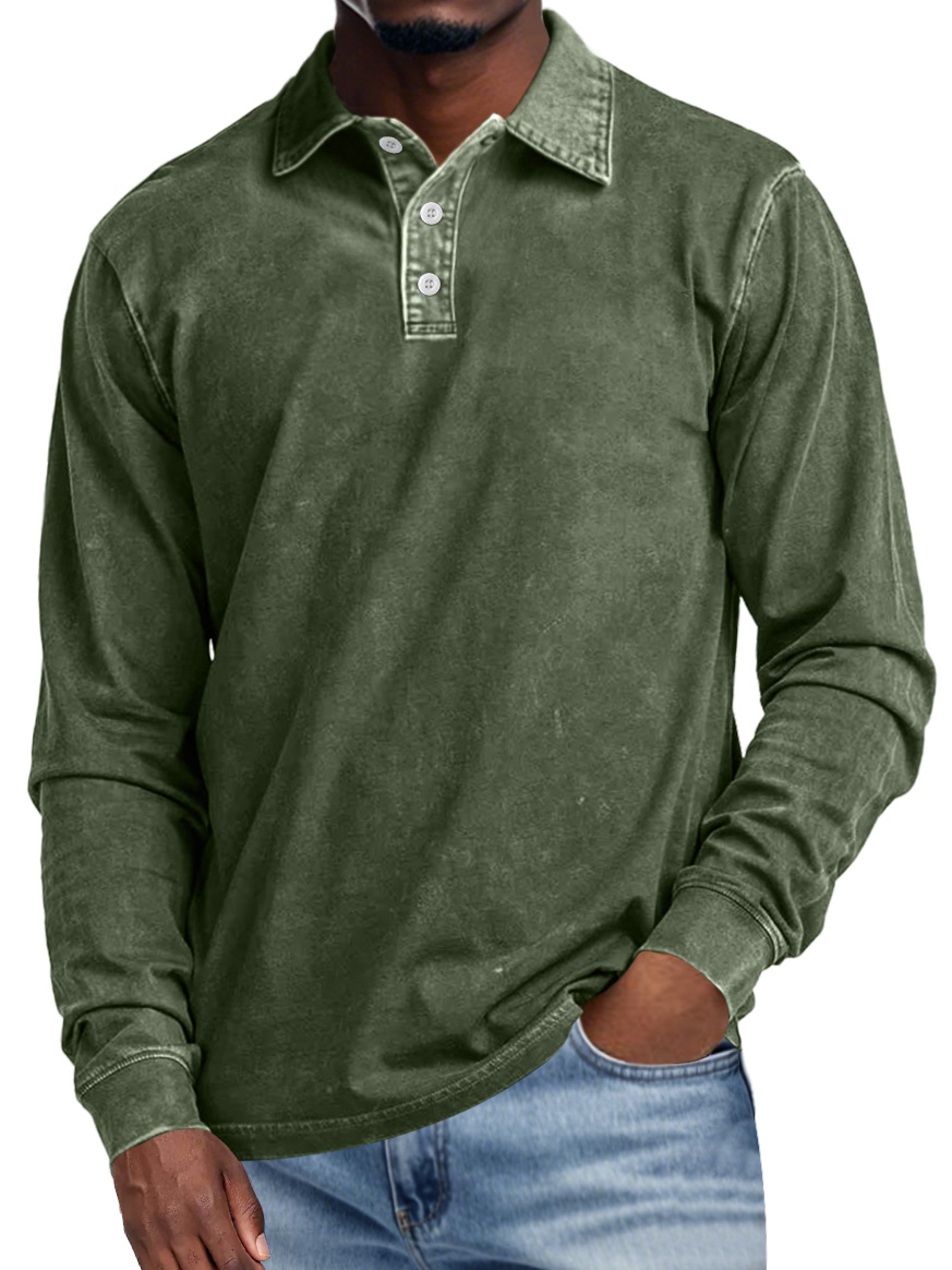 Men's Retro Lapel Button Casual Solid Color Long Sleeve Polo Shirt