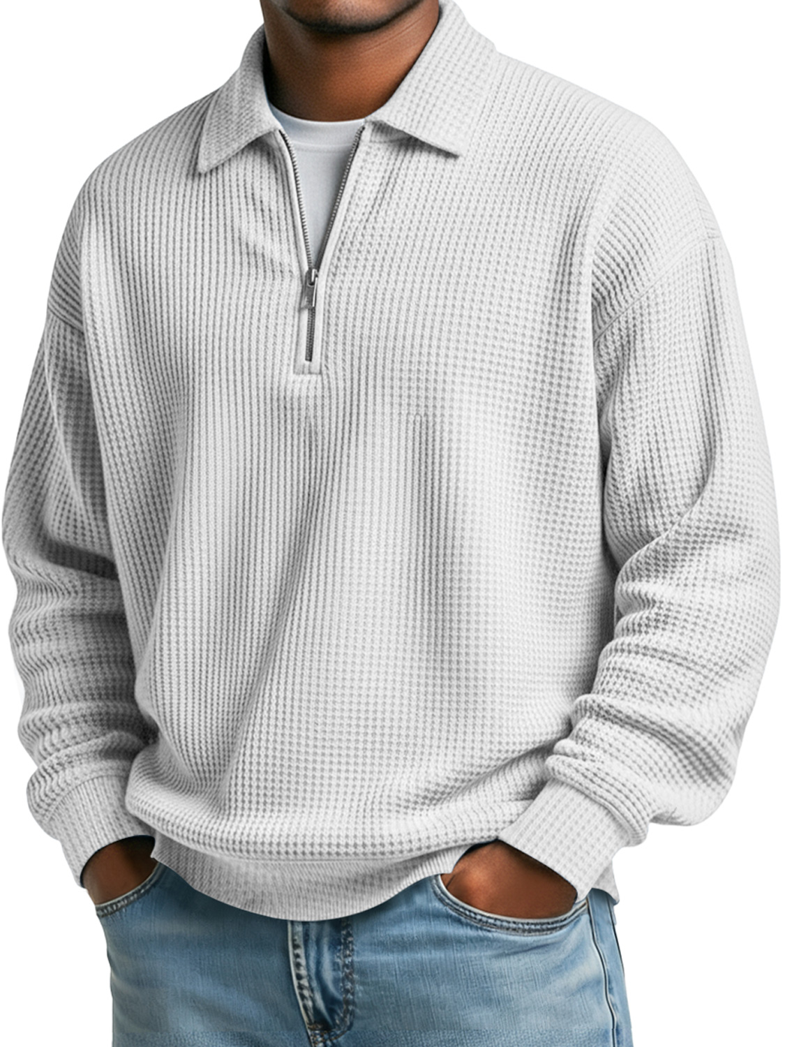 Simple Waffle Lapel Zipper Casual Solid Color Polo Shirt